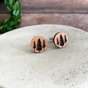 Unique wood cuff links for Guys, engraved pine trees cufflinks